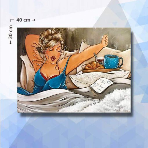 Diamond Painting pakket Dikke Dame Ontbijt op Bed - vierkante steentjes - 40 x 30 cm
