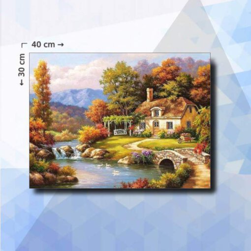 Diamond Painting pakket Landschap Huis aan Rivier - vierkante steentjes - 40 x 30 cm