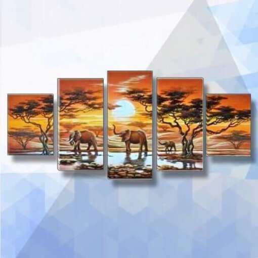 Diamond Painting pakket Olifanten bij zonsondergang 5-luik - 100x55 cm - vierkante steentjes